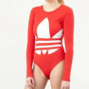 NWT Adidas Lrg Trefoil Logo Ladies Red Long Sleeve Logo Bodysuit. Small